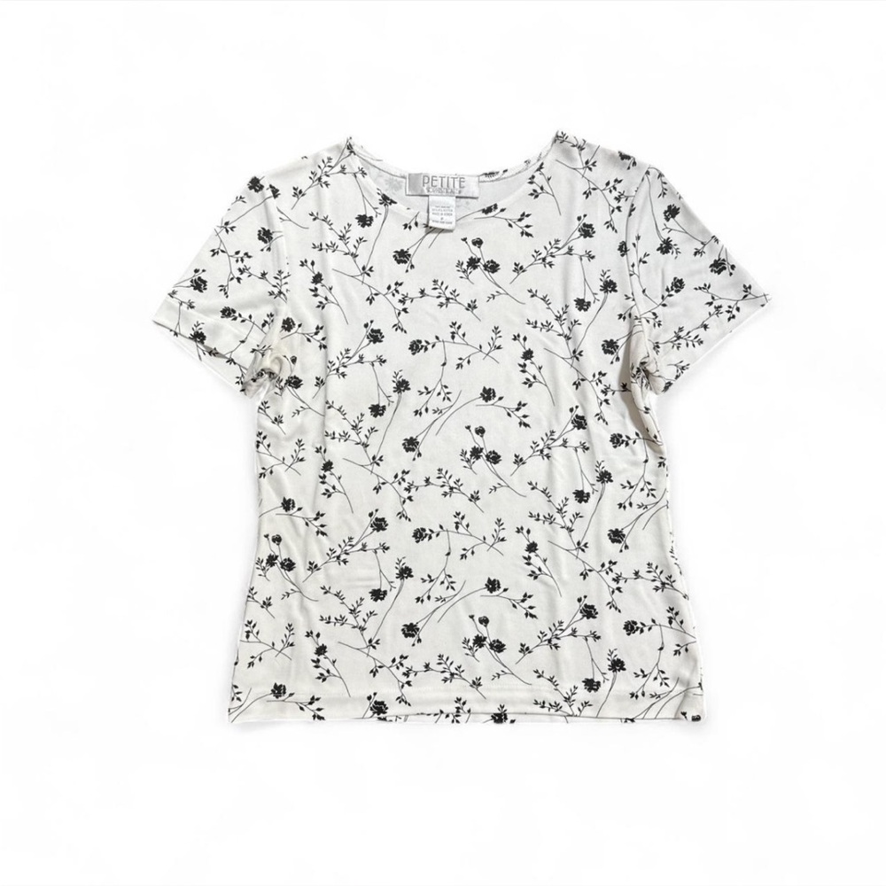Petite Sophisticate Black and White Floral Blouse